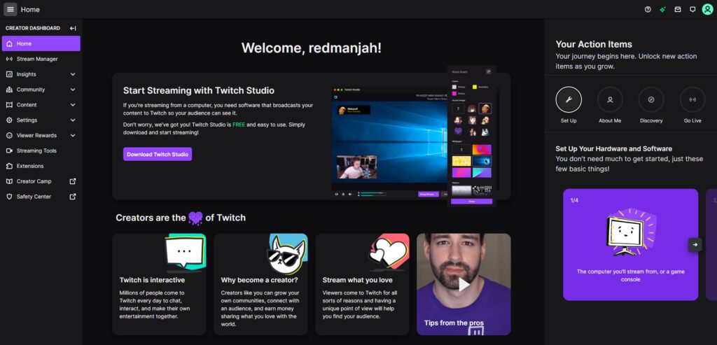 twitch user home screen