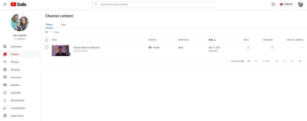 youtube studio channel content page bernard