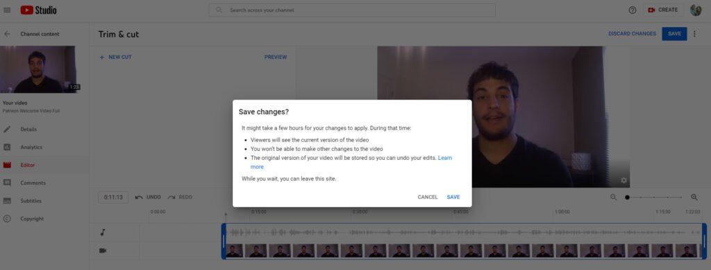 youtube studio save changes popup