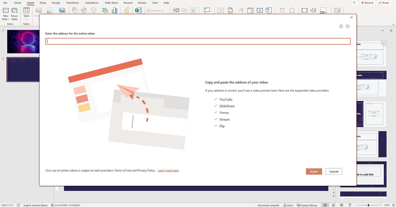 powerpoint new presentation enter video URL