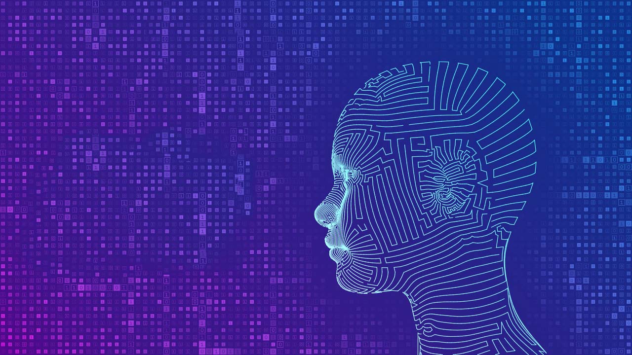 artificial intelligence human female face in a matrix background