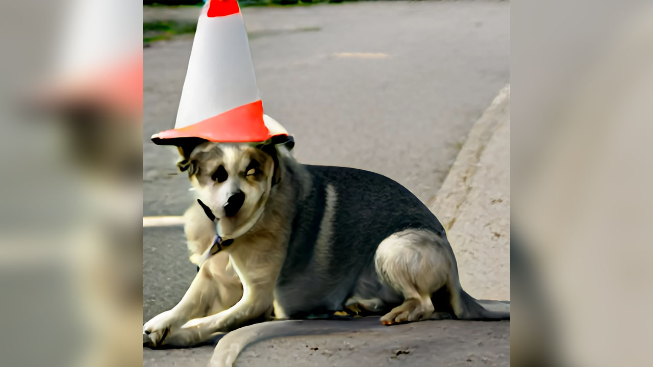 AI image of a dog with a street cone on its head by DALL-E