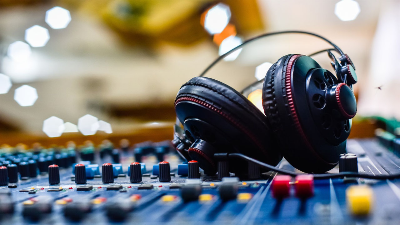 headphones on a mixer table