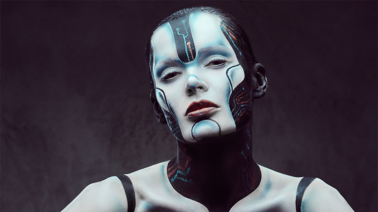 human dressed in AI robot makeup 