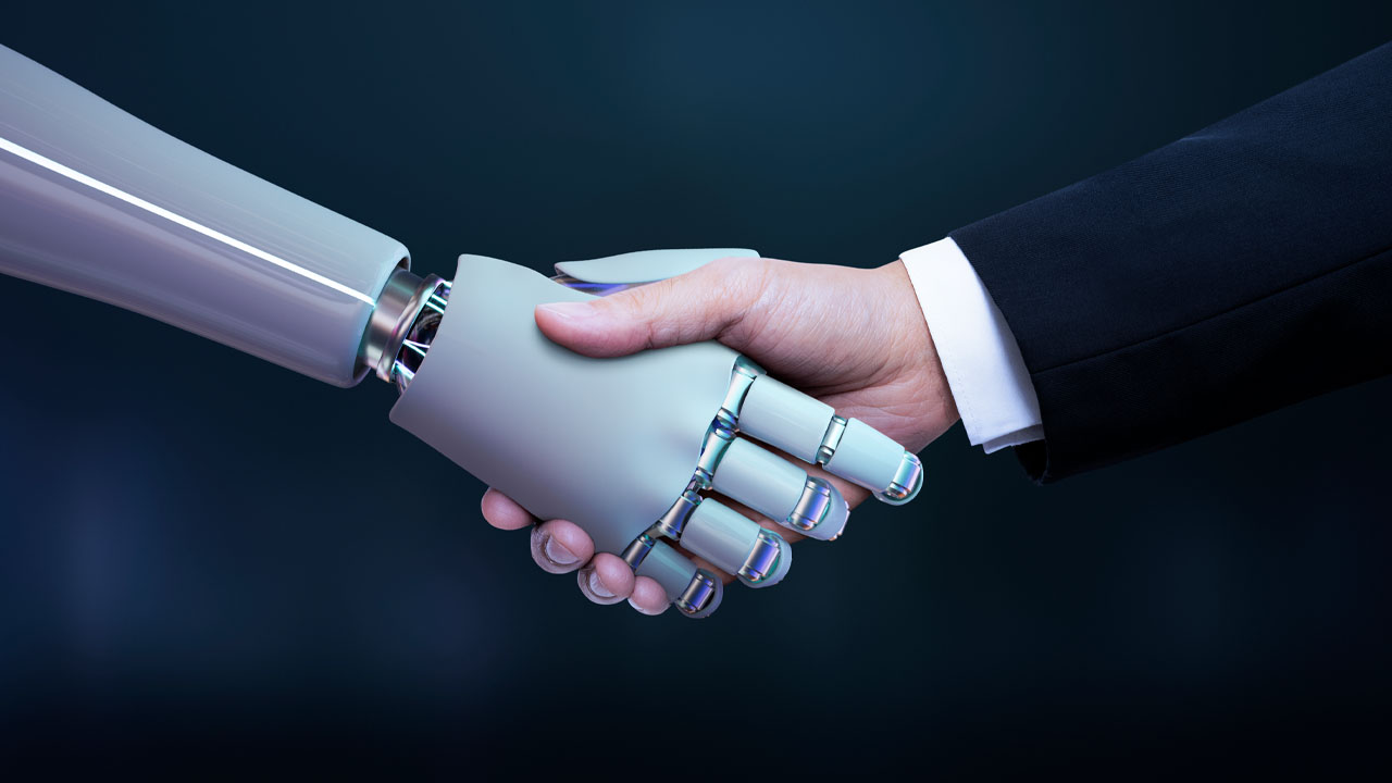 AI robot and human shaking hands