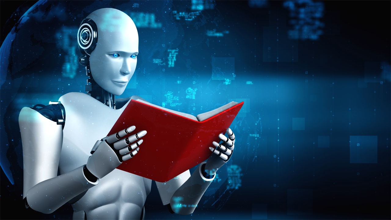 3d rendering of robot hominoid reading book about AI text to speech software