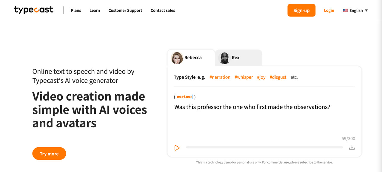 typecast AI text to speech landing page