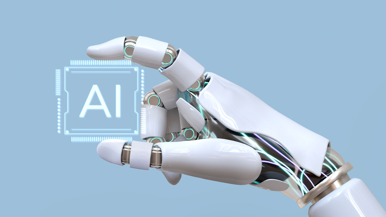 robot hand holding virtual AI chip
