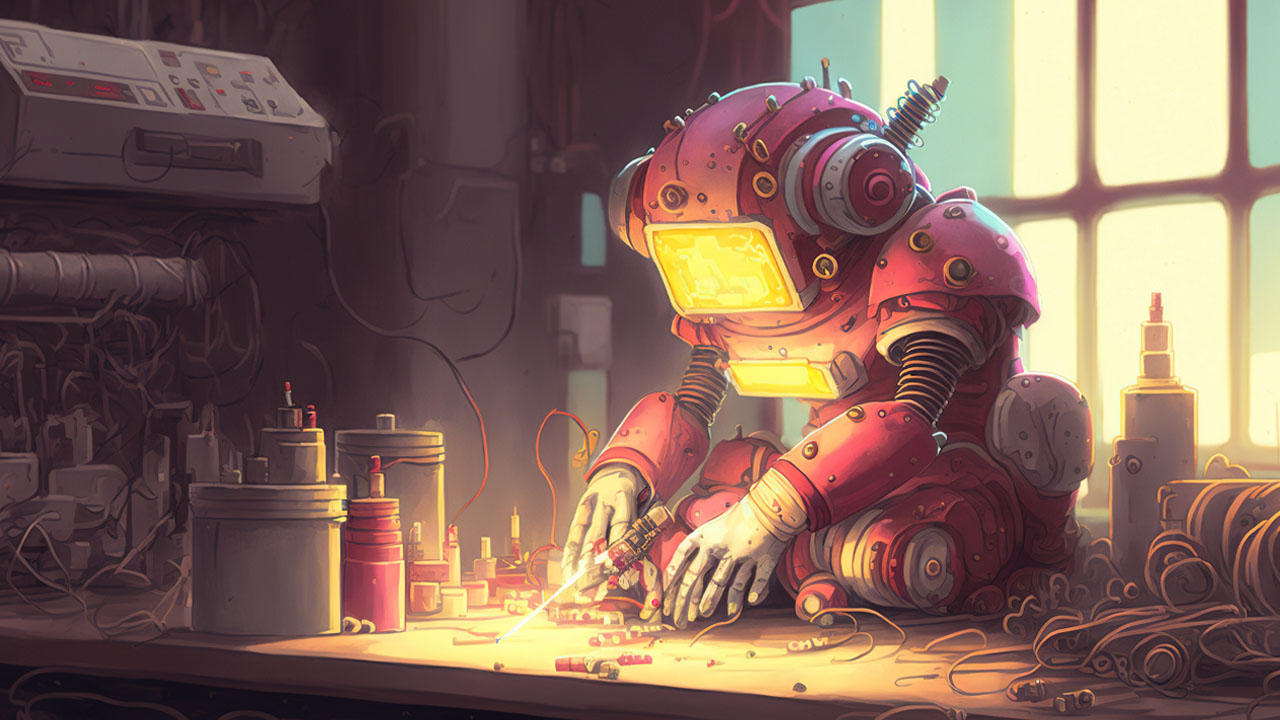 illustration of AI robot using blow torch