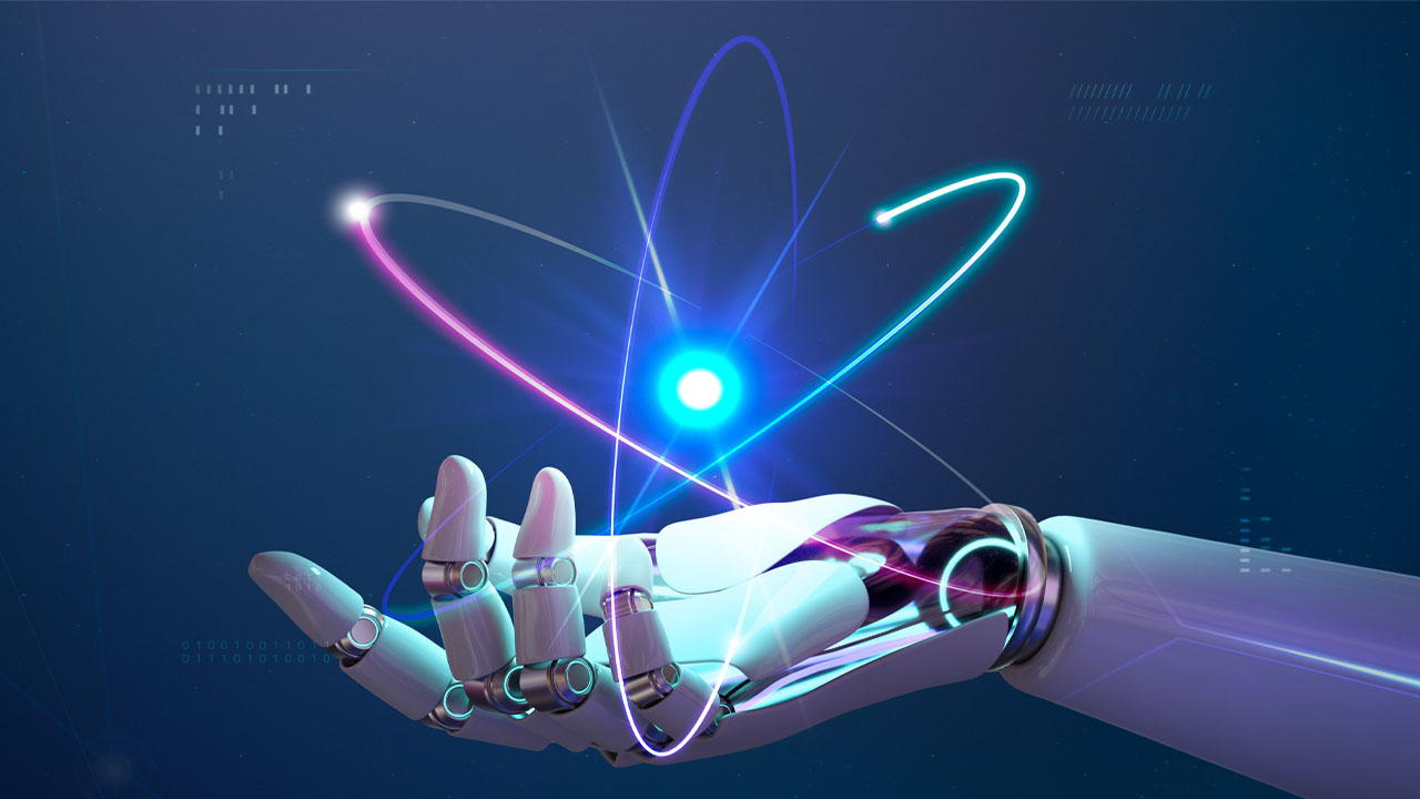 AI robot hand with a nuclear energy background