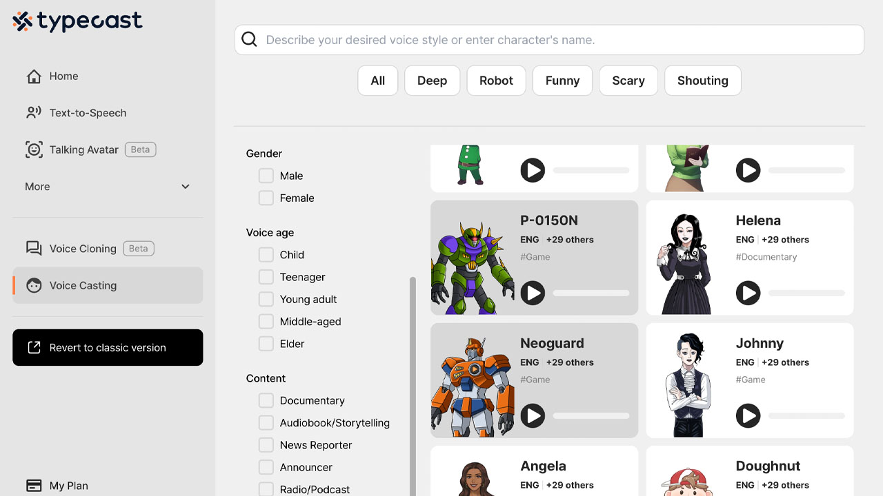 typecast text to speech AI voice library with robot voices