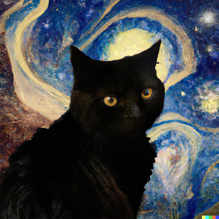 AI generated portrait of a black cat with van gogh starry night in the background