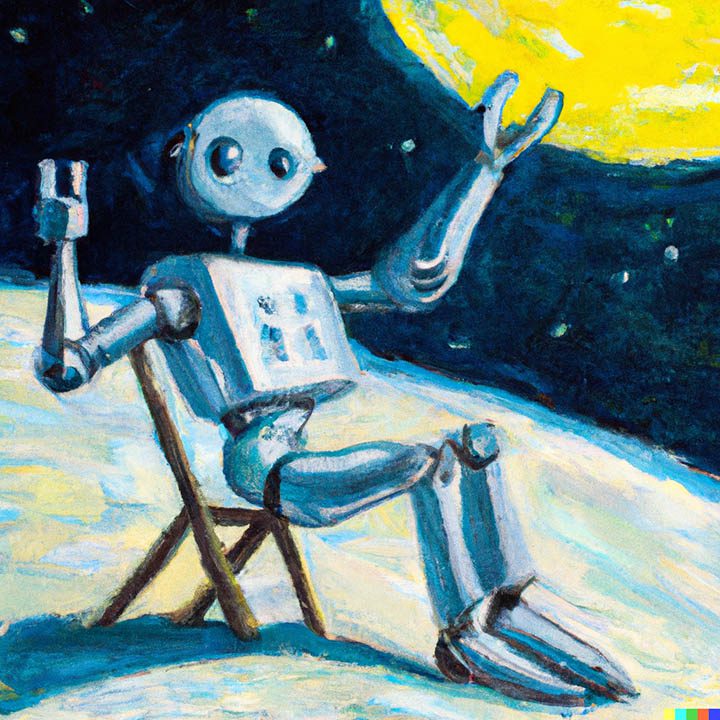 AI generated oil painting of a robot sitting on moon waving his hands