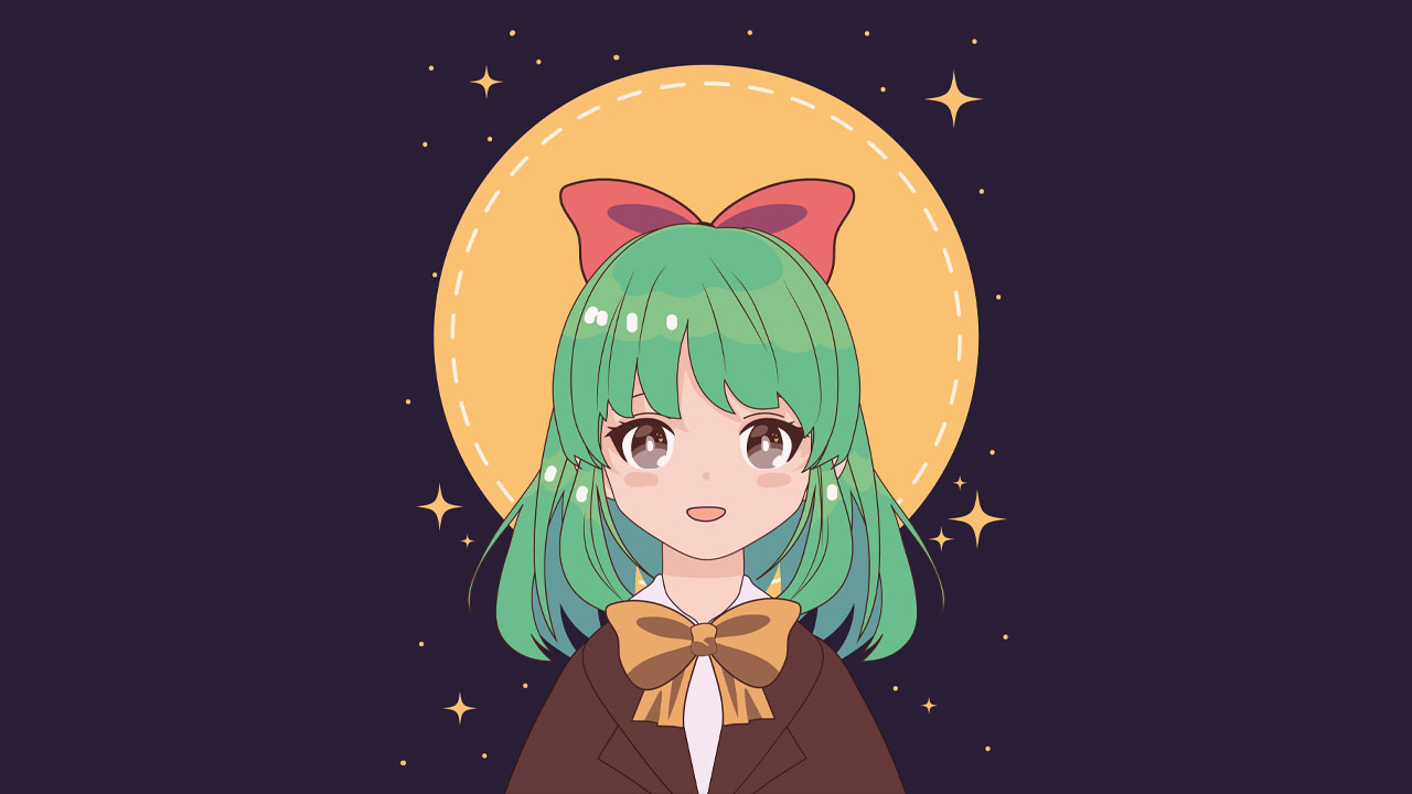 anime girl with bow in green hair