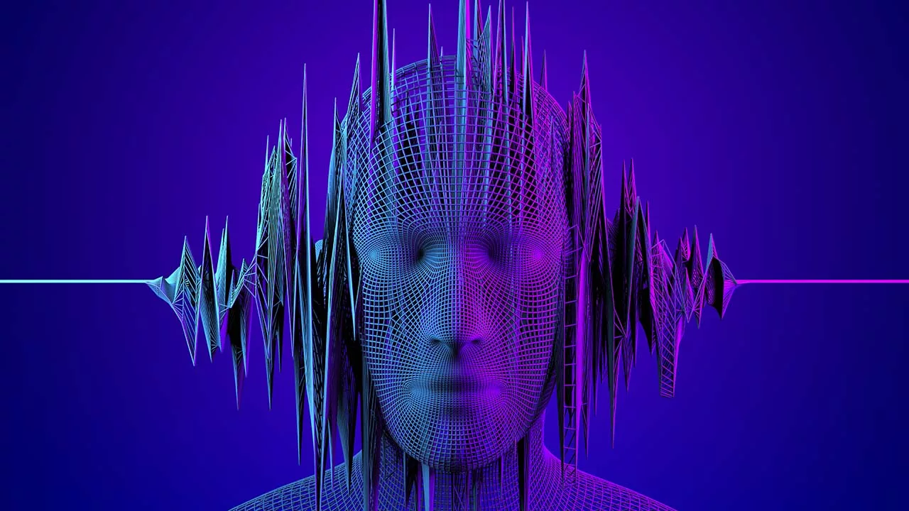 an AI face in a data wave