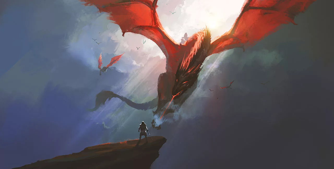 a fantasy adventure audiobook with a hero and a dragon