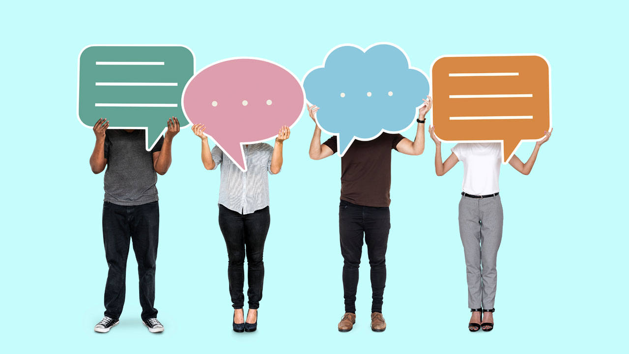 group of people standing with speech bubbles 