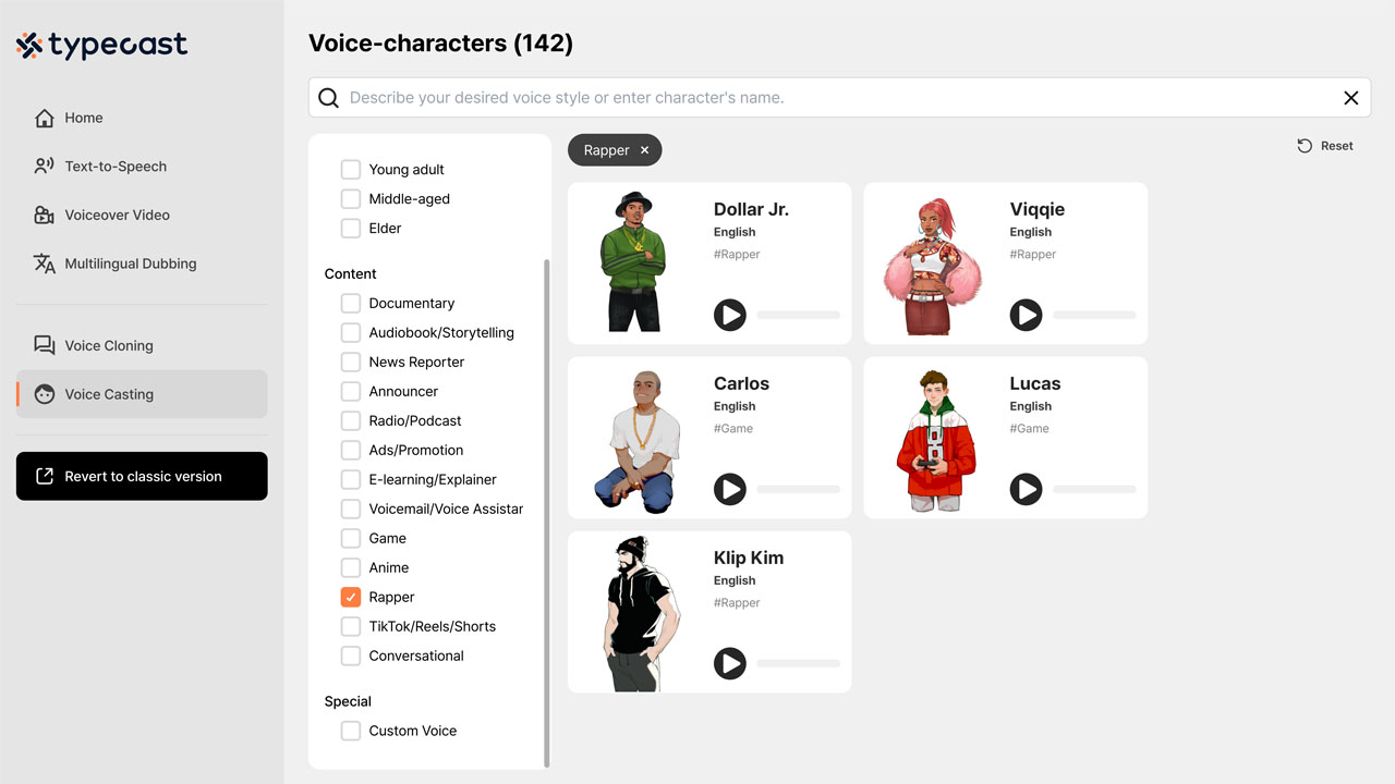 typecast voice casting page with AI rapper voices