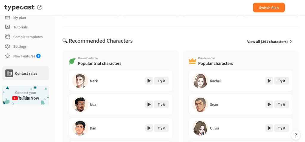 typecast characters screen