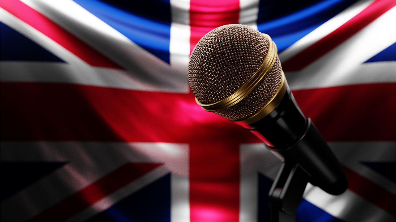 UK flag and a microphone
