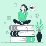 girl sitting on a pile of books with headphones on
