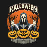 a halloween t-shirt design with jack-o-lanterns and the ghostface character