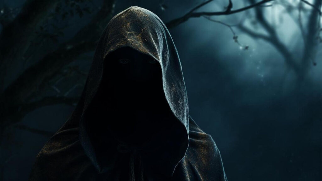 a dark figure with a dark hood in the woods hiding their face