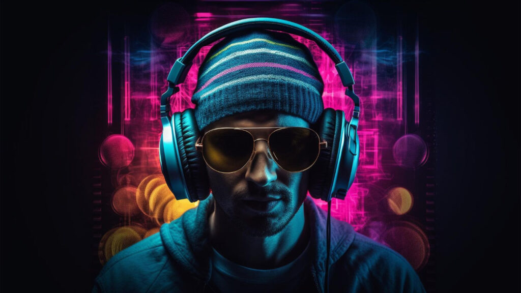 a young adult male enjoying generative AI hip-hop in a nightclub