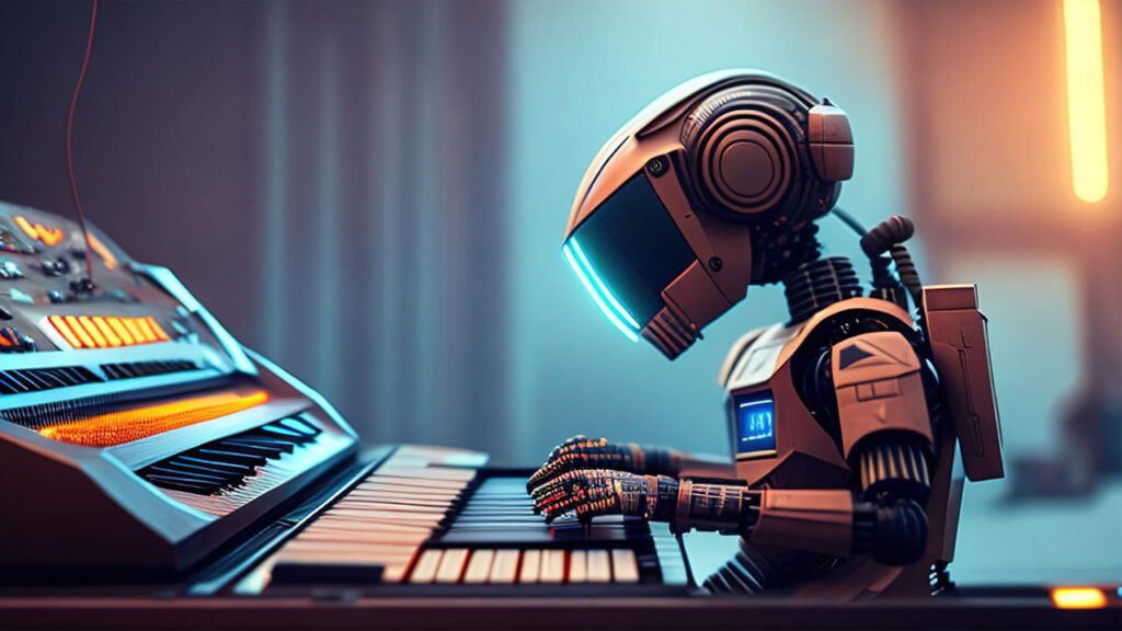 a robot playing on a synthesizer
