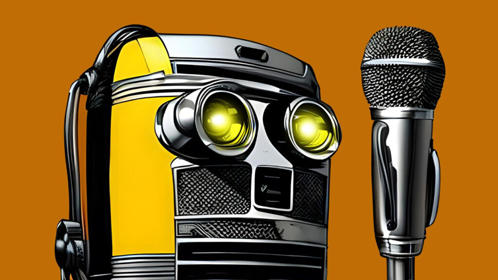 a vintage voice chatbot with a microphone on a yellow background