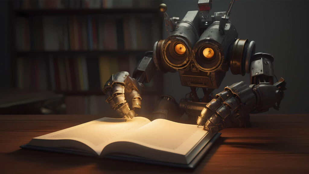 an AI robot reading a book in a library