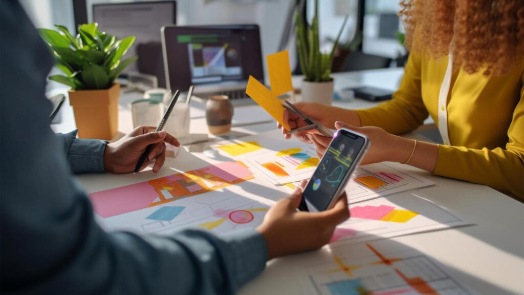 two consultants sitting across from each other discussing the user interface and its designs at a desk