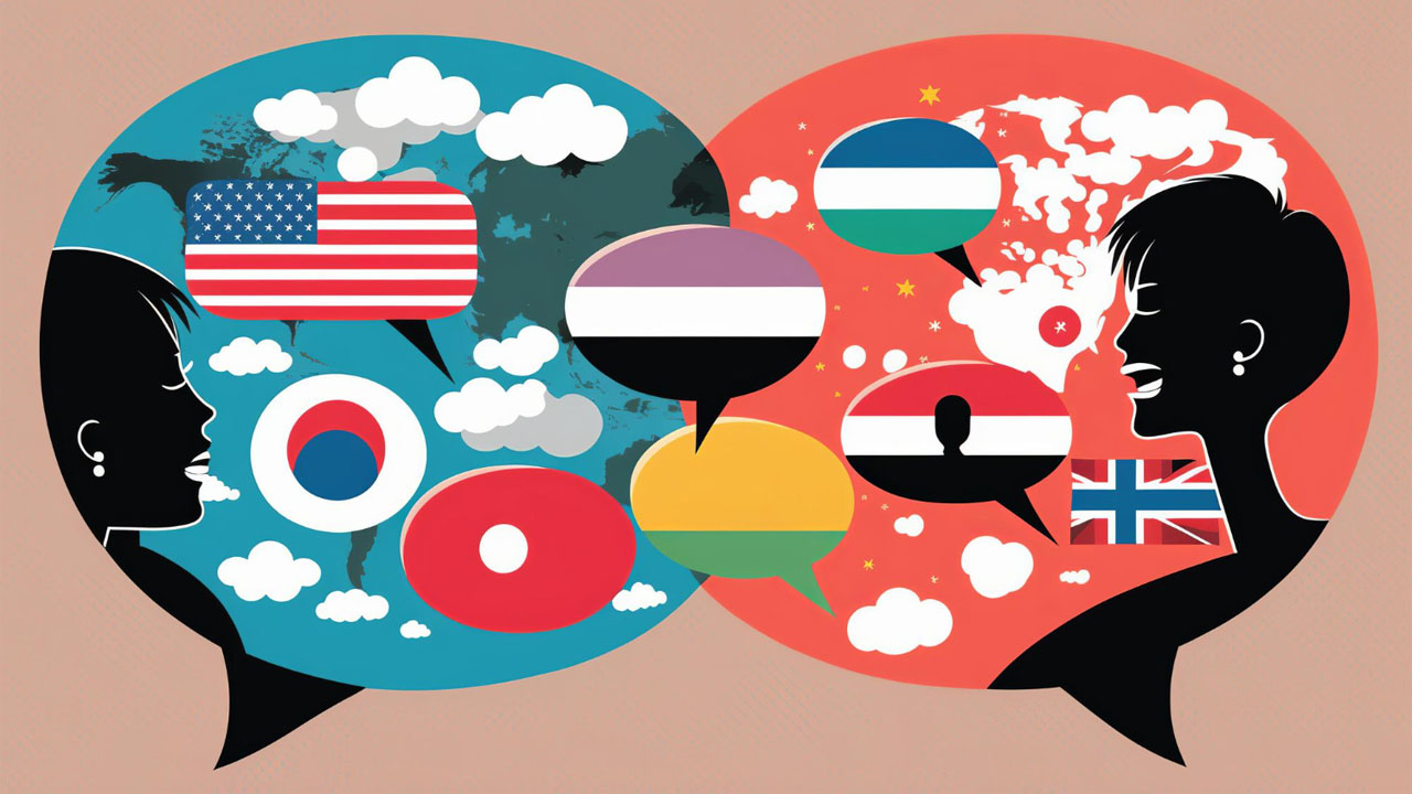 two speech bubbles full of multilingual content in many languages