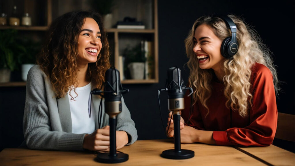 two young women recording a podcast and laughing together