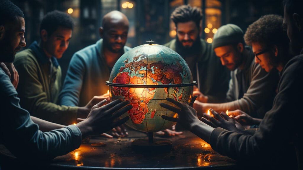 a group of people sitting together with their hands on a globe