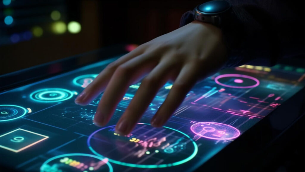a person changing voice settings on a glowing touchscreen