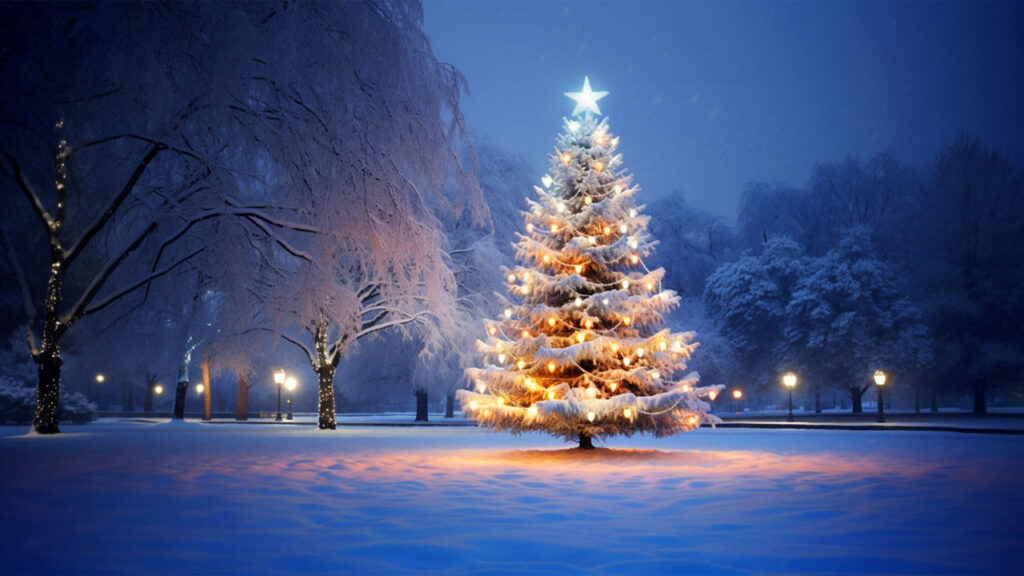christmas tree in snowy park