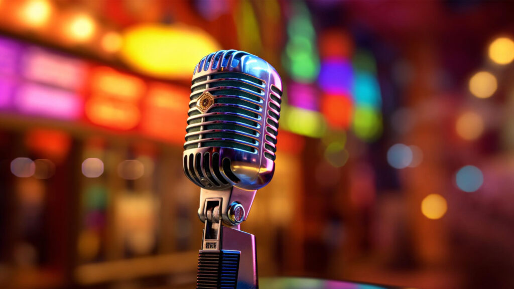 retro microphone against blur colorful light restaurant background