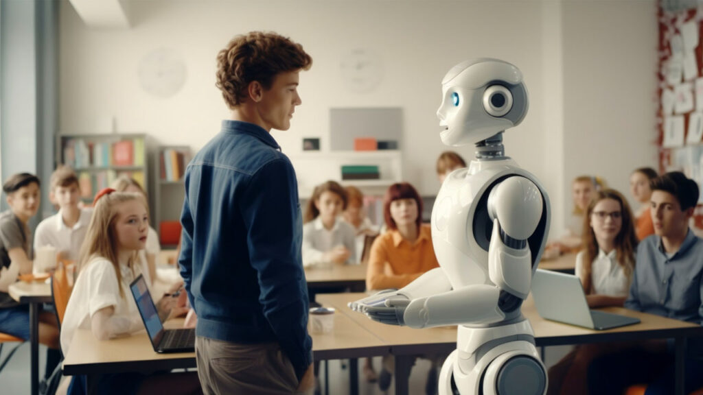 a robot working in a classroom of young adults instead of a human teacher