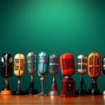 a table with many different colored microphones on it with a green background