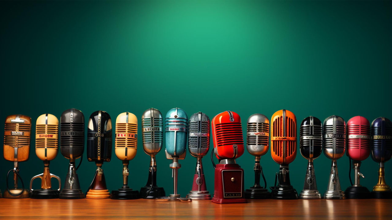 a table with many different colored microphones on it with a green background