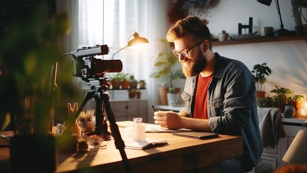 a male blogger with a beard creating a product video in his office