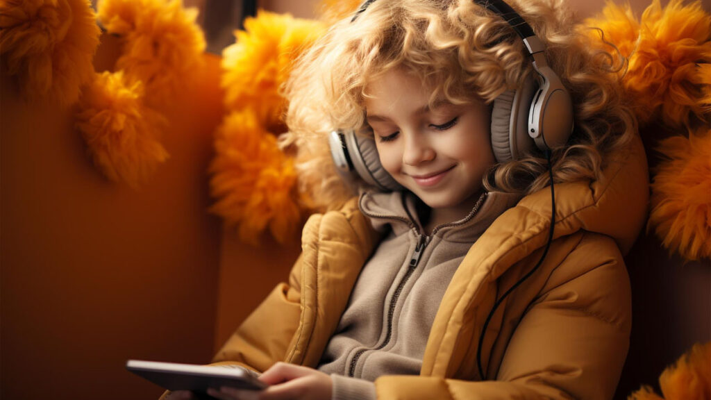 a child sitting on an orange couch listening to a read aloud book on a mobile device