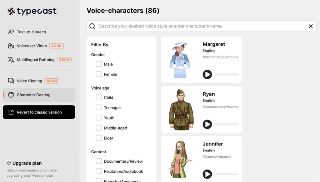 typecast character casting screen