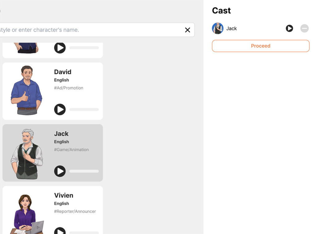 select a character in typecast dashboard