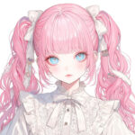 Female anime vocaloid text to speech character with pink hair in pigtails with bangs and a lolita dress
