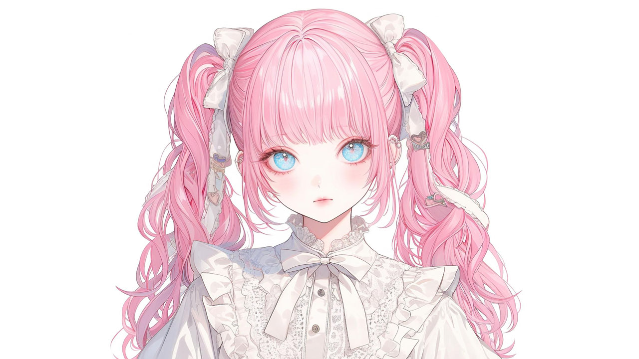 Female anime vocaloid text to speech character with pink hair in pigtails with bangs and a lolita dress