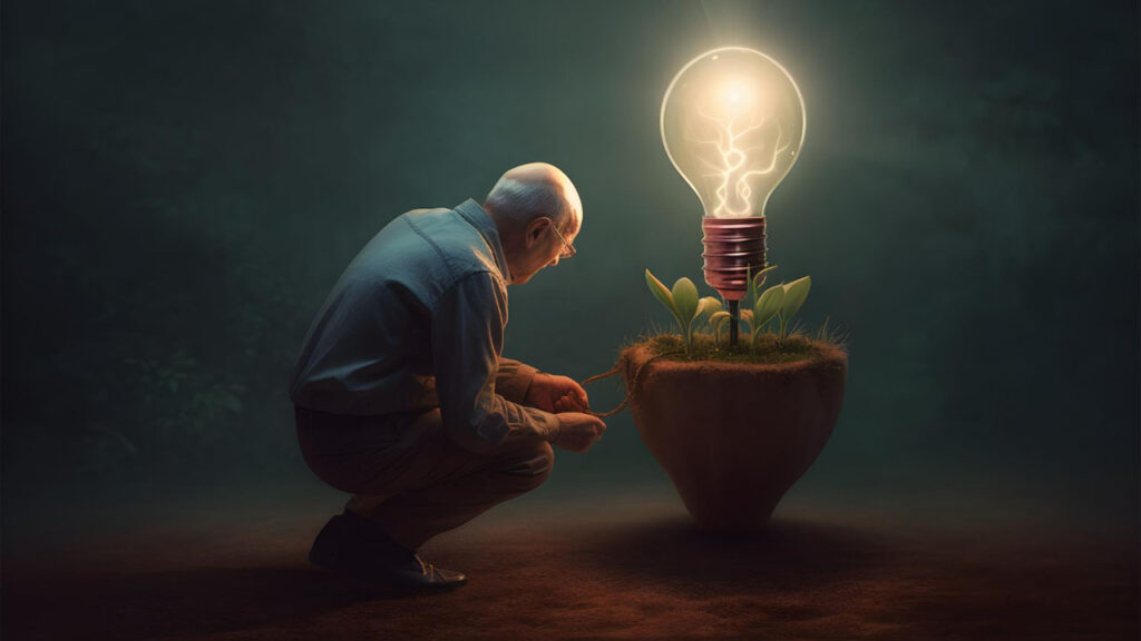 a man crouching next to a light bulb with plants surrounding it, trying to bring ideas to life