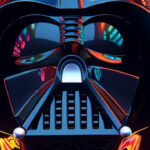 the upper body of darth vader is standing in front of a colorful gateway