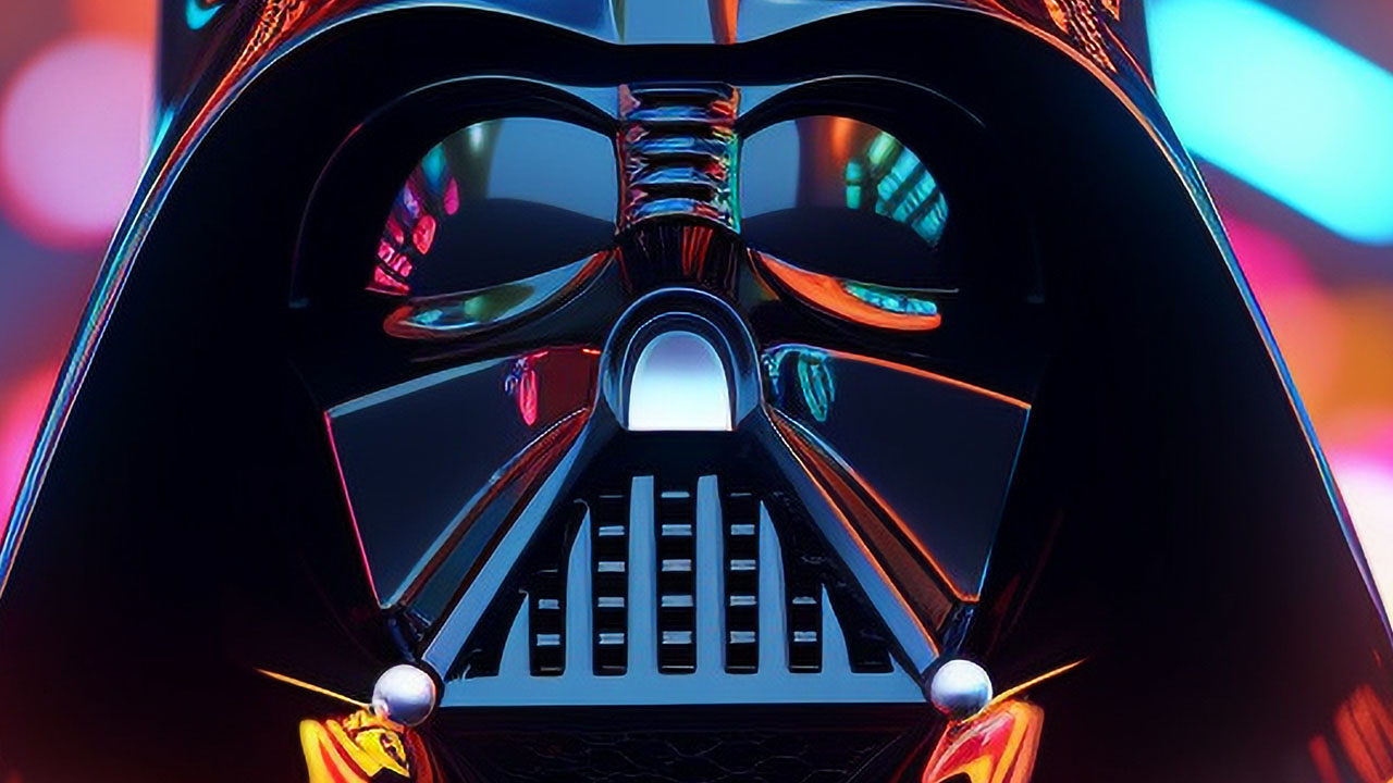 the upper body of darth vader is standing in front of a colorful gateway